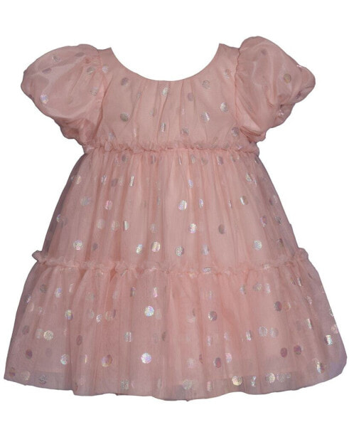 Baby Girls Puff Sleeved Foiled Dot Mesh Party Dress