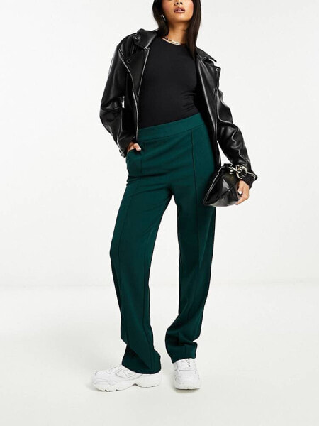 Vila stretch wide leg trousers with pin tuck front in dark green