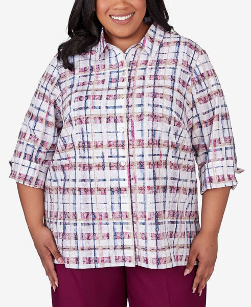 Plus Size Classic Plaid Cuffed Sleeve Button Down Top