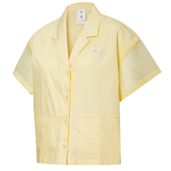 Puma Camp Collared Button Up Short Sleeve Shirt X Liu Wen Womens Yellow Casual T