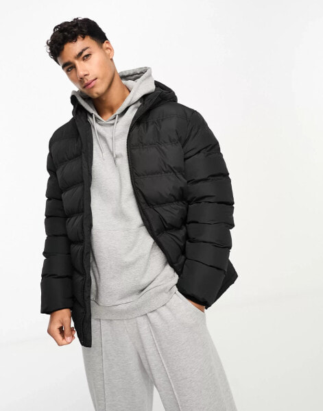 Threadbare puffer jacket with hood in black