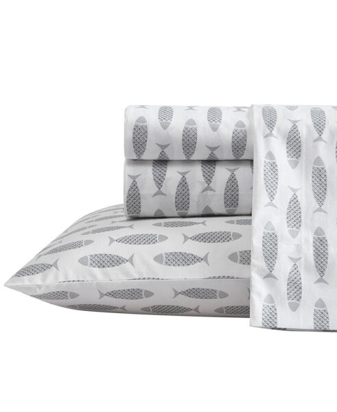 Woodblock Fish Cotton Percale 3-Piece Sheet Set, Twin