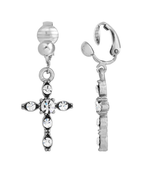 Silver-Tone Crystal Cross Drop Clip Earrings