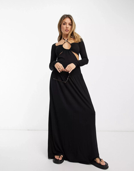 ASOS DESIGN – Maxikleid mit Cut-Out-Details, Bindeband am Halsausschnitt und Perlenbesatz