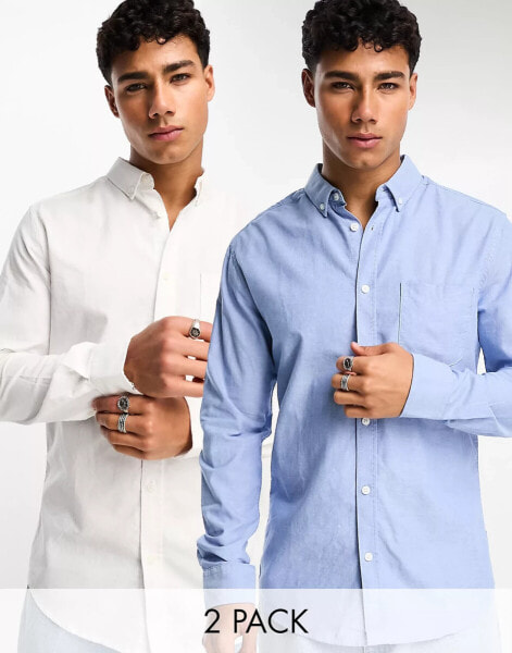 Only & Sons 2 pack oxford shirt in white & blue