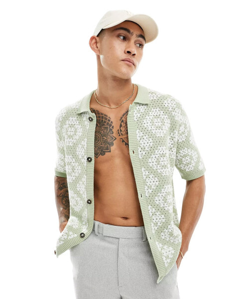 ASOS DESIGN knitted crochet button through polo in sage and ecru