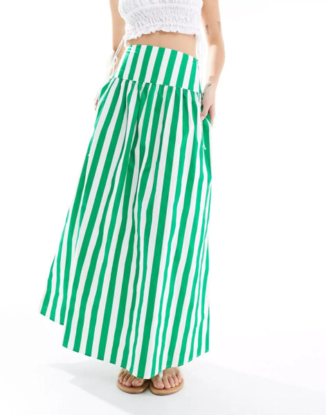 ASOS DESIGN dropped waist cotton poplin maxi skirt in green stripe