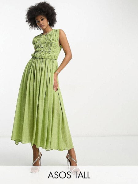 ASOS DESIGN Tall gathered textured high low midi dress in pistachio