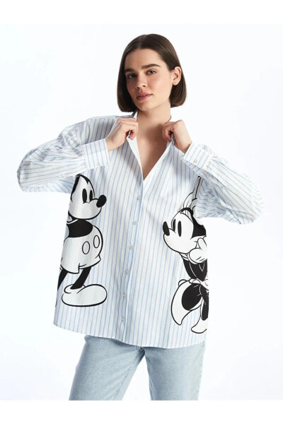 Mickey ve Minnie Mouse desenli Uzun Kollu Kadın Gömlek city