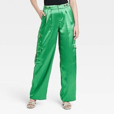 Women's High-Rise Satin Cargo Pants - A New Day Green 12