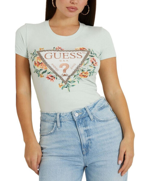 Women's Triangle Floral Logo Embellished T-Shirt