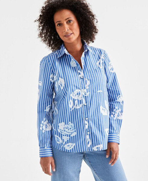 Women's Cotton Floral Striped Perfect Shirt, Created for Macy's