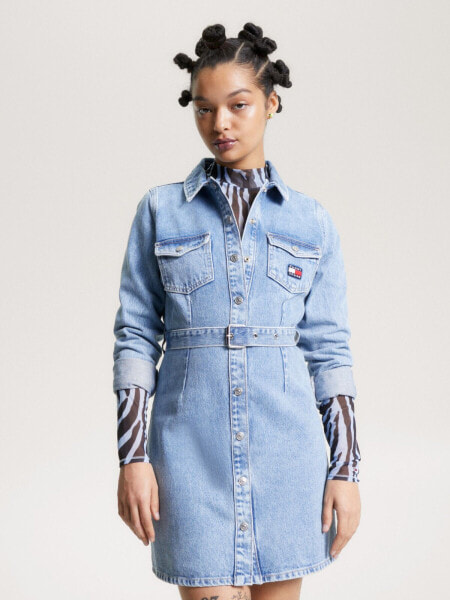 Slim Fit Belted Long-Sleeve Denim Dress