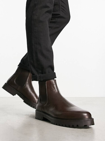 Walk London Sean chunky chelsea boots in brown leather 