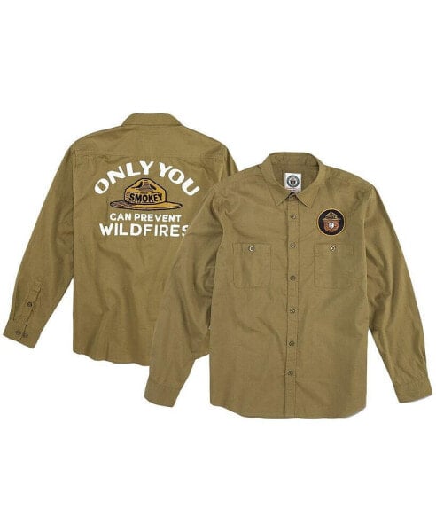 Men's Olive Distressed Smokey the Bear Daily Grind Button-Up Long Sleeve Shirt