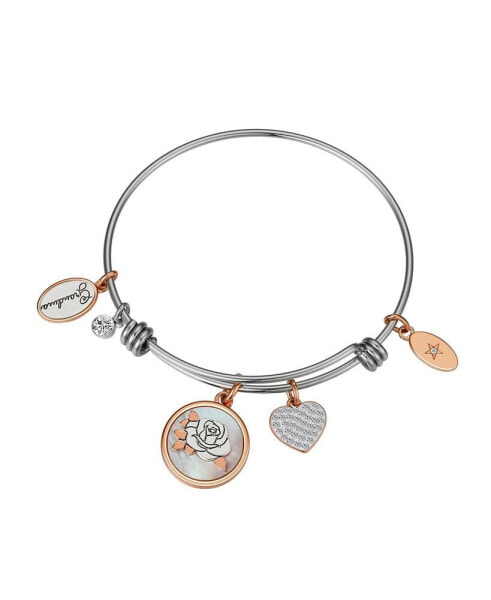 Cubic Zirconia Heart and Bezel, Mother of Pearl Inlay Flower and Silver-Plated Grandma Bangle Bracelet