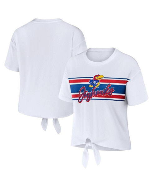 Women's White Kansas Jayhawks Striped Front Knot Cropped T-shirt