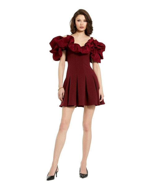 Women's Crepe Godet Hem Mini Dress With Faille Ruffle