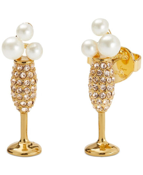 Gold-Tone Crystal & Imitation Pearl Champagne Stud Earrings