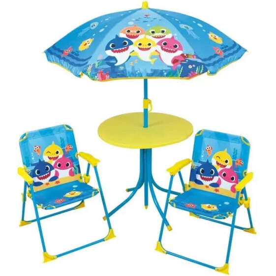 FUN HOUSE Baby Shark Gartenmbel 1 Tisch H.46x46 cm, 2 Sthle H.53xB.38,5xT.37,5 cm und 1 Sonnenschirm H.125 x 100 cm