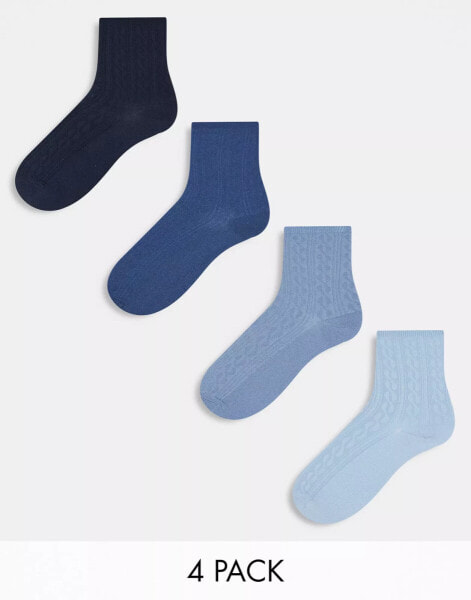 Lindex – 4er-Pack Knöchelsocken in Blau mit Zopfmuster