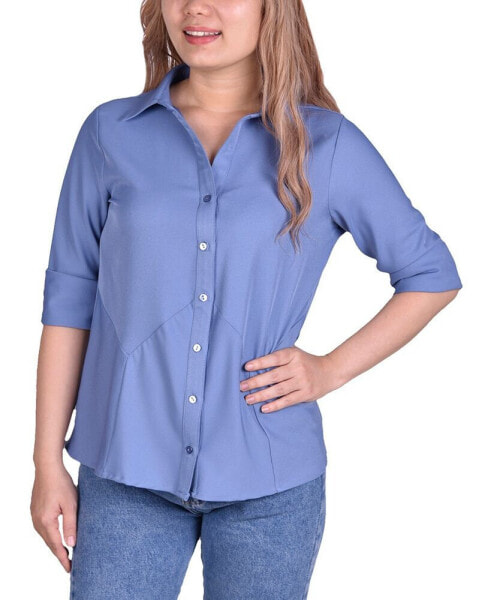 Petite Long Sleeve Button-Front Blouse