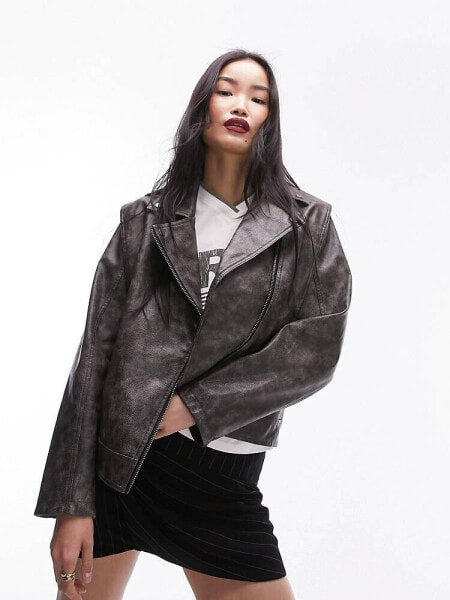 Topshop faux leather washed biker jacket in grey