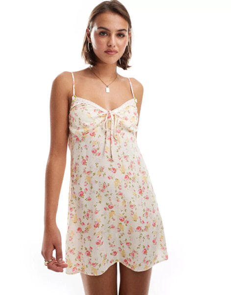 Miss Selfridge ribbon trim detail strappy mini dress in pink ditsy print