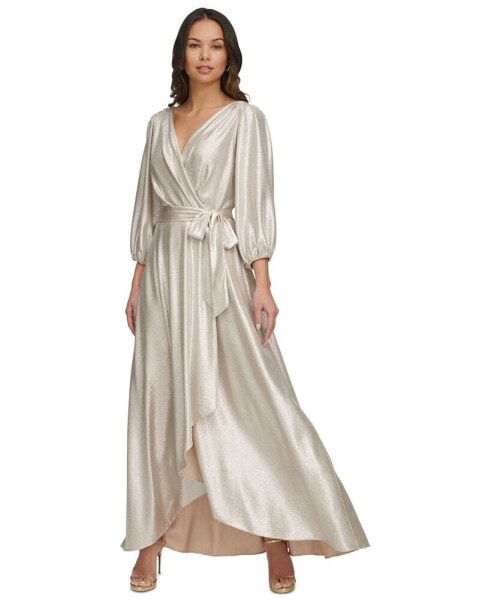 Women's Metallic Textured Faux-Wrap Gown