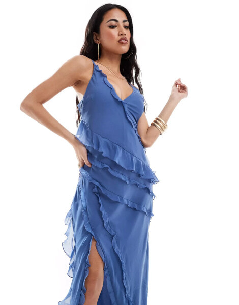 Abercrombie & Fitch ruffle maxi dress with side slit in blue