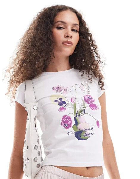 Reclaimed Vintage baby t-shirt with hotfix and embroidery flower print in white