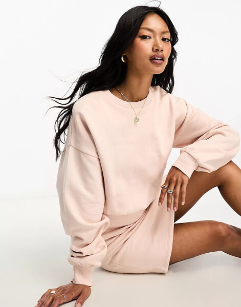 ASOS DESIGN crew neck blouson sleeve mini dress in pale pink