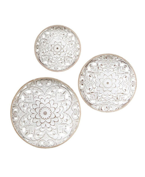 Medallion Trio Distressed White Floral 3-Piece Carved Wood Wall Decor Set