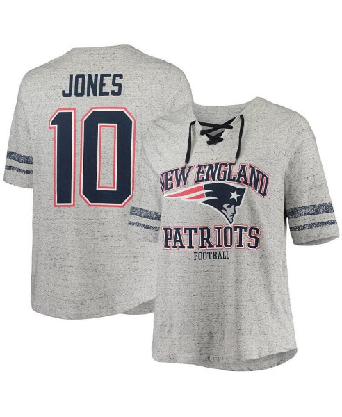 Women's Mac Jones Heathered Gray New England Patriots Plus Size Lace-Up V-Neck T-shirt