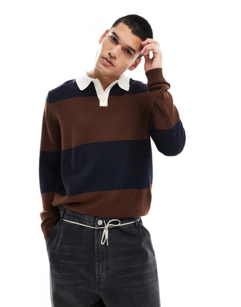 ASOS DESIGN knitted stripe rugby polo in brown and navy rib