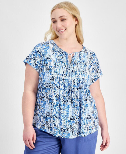 Plus Size Floral Short-Sleeve Pintuck Top