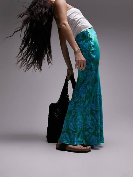 Topshop flower printed bias maxi skirt in green