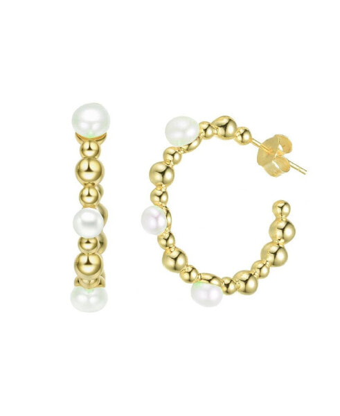 Sterling Silver 14K Gold Plated and 5MM Fresh Water Pearls Hoop Earrings