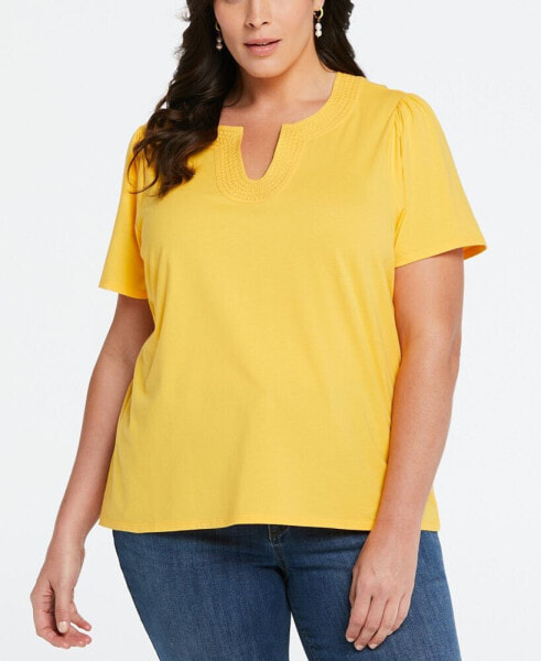 Plus Size Cotton Jersey Top with Woven Trim