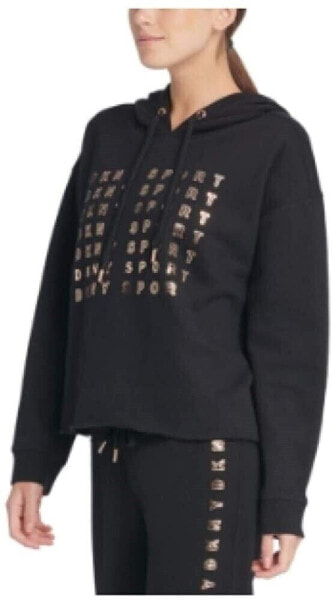DKNY Women's 246756 Sport Metallic-Logo Cropped Hoodie Black Size L