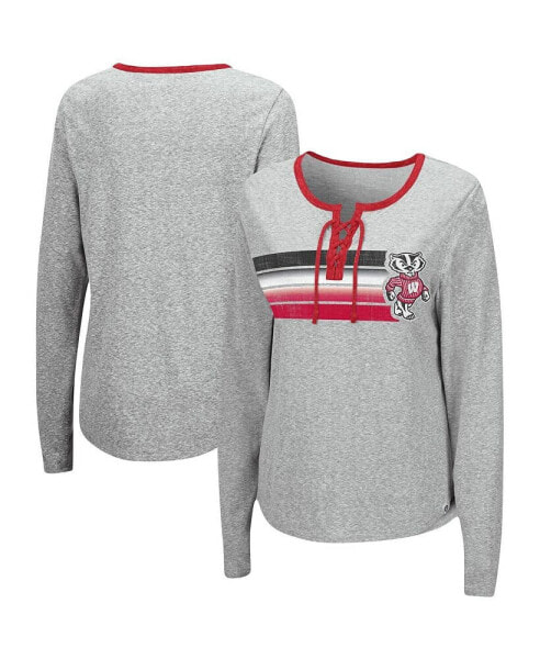 Women's Heathered Gray Wisconsin Badgers Sundial Tri-Blend Long Sleeve Lace-Up T-shirt