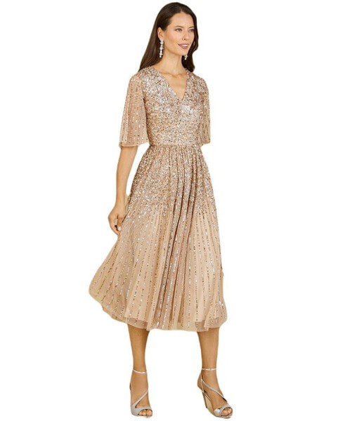 Women's Flowing, Sequin Midi Dress with Short Sleeves