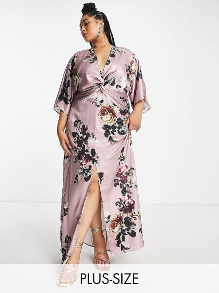 Hope & Ivy Plus kimono sleeve satin maxi dress in mauve