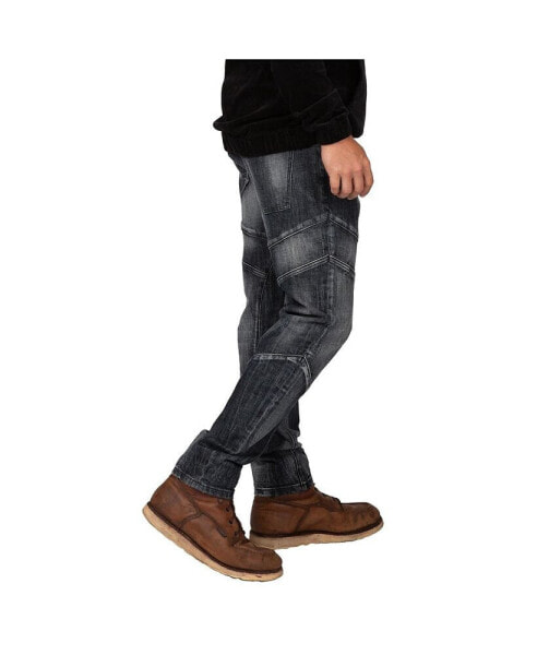 Men's Cut & Sewn Detail Curved Leg Slim Taper Moto Jeans