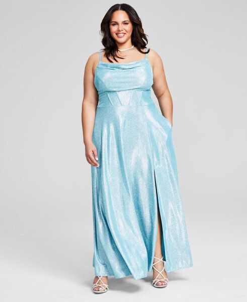 Trendy Plus Size Glittery Cowlneck Corset Gown