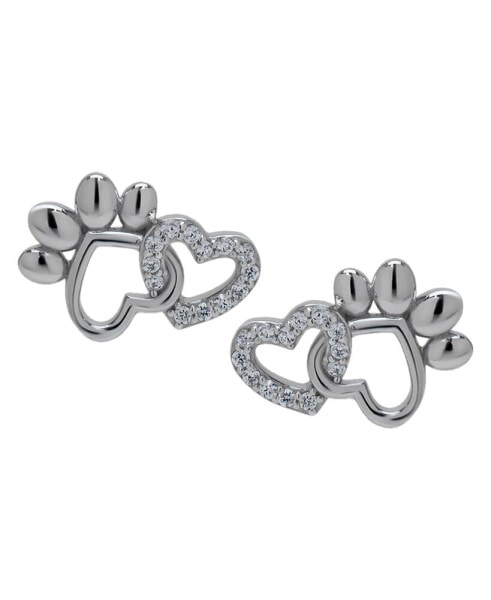 Cubic Zirconia Heart and Silver-Plated Paw Stud Earrings