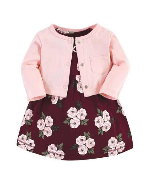 Toddler Girls Cotton Dress and Cardigan 2pc Set, Burgundy Floral