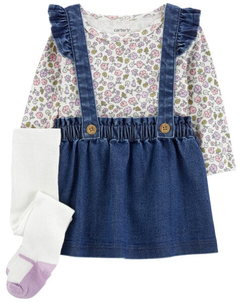 Baby 3-Piece Floral Long-Sleeve Bodysuit & Chambray Jumper Set 3M