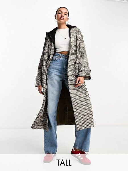 Object Tall formal wool belted trench coat in neutral check