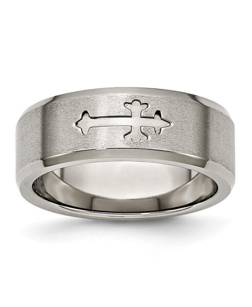 Titanium Brushed Center Cross Design Beveled Edge Band Ring